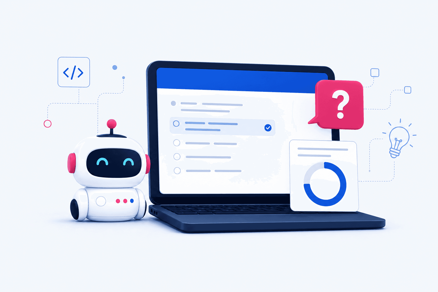 A friendly learning robot beside an interactive quiz